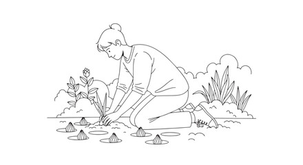 Woman Gardening and Planting Flower Bulbs Line Art Illustration