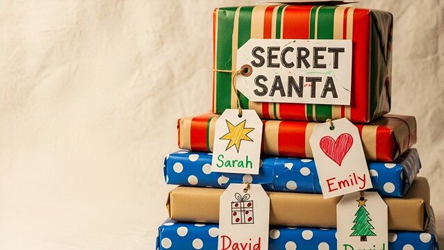 Colorful wrapped gifts for Secret Santa with name tags displayed with space for text - Powered by Adobe