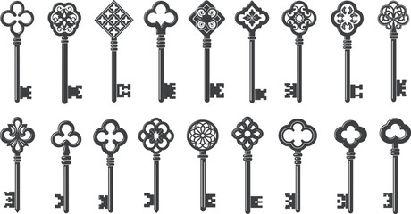 Black Silhouettes of Vintage Skeleton Keys – Ornate Antique Key Vector Set for Decorative, Historical, and Design Illustration Projects