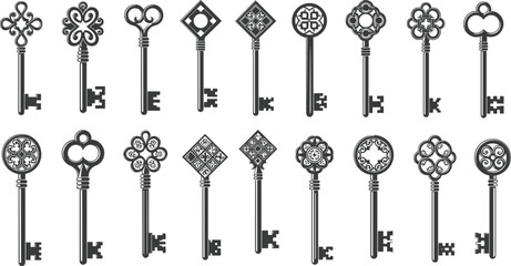 Black Silhouettes of Vintage Skeleton Keys – Ornate Antique Key Vector Set for Decorative, Historical, Puzzle, and Design Illustration Use
