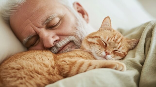 Serene Portrait of a Senior Man Taking a Tranquil Afternoon Nap His Beloved Feline Companion Curled Comfortably on His Chest in a Soft Neutral Setting   A Moment of Pure Harmony and Relaxation