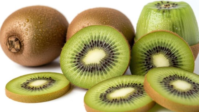 Vibrant green kiwi slices and whole fruit