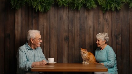 Elderly Couple Savoring Tea Together as Their Playful Cat Enjoys the Rustic Wooden Table in Their Serene Inviting Home Decor Setting on a Tranquil Afternoon