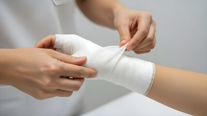 Closeup of a nurse or doctor bandaging a patients injured wrist providing medical care and support.