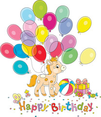 Greeting card with a happy little pony and a gift box, a big striped ball, sweets with flying colorful holiday balloons, vector cartoon illustration on a white background