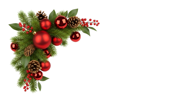 Christmas Corner Decoration with Red Ornaments, Pine Branches, and Festive Holiday Accents Isolated on Dark Background