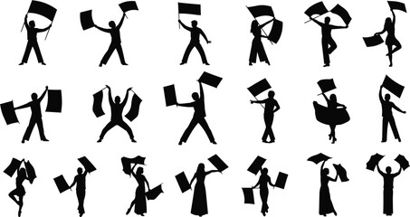 Flag Holding Silhouette Collection Featuring Expressive Poses, Movement Gestures, and Performance Art for Event, Protest, and Celebration Design Themes