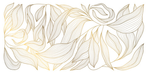 Elegant gold floral pattern background, delicate line leaves, botanical shapes. Luxury vector illustration, tropical elements, vintage art deco curves, premium botanical design