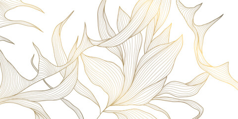 Fototapeta premium Elegant gold floral pattern background, delicate line leaves, botanical shapes. Luxury vector illustration, tropical elements, vintage art deco curves, premium botanical design
