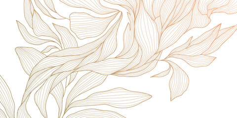 Fototapeta premium Elegant gold floral pattern background, delicate line leaves, botanical shapes. Luxury vector illustration, tropical elements, vintage art deco curves, premium botanical design