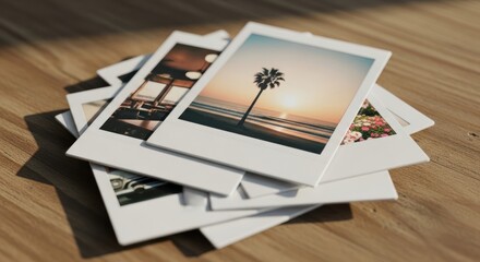 Stack of polaroid photos with various scenes on a wooden surface.