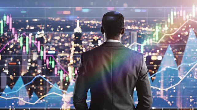 Businessman in suit overlooking illuminated city skyline with overlaid financial trading charts and market graphs. Investment analysis concept combining urban night view with candlestick patterns