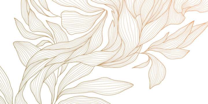Elegant gold floral pattern background, delicate line leaves, botanical shapes. Luxury vector illustration, tropical elements, vintage art deco curves, premium botanical design