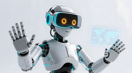 Naklejka premium AI in Virtual Reality, a humanoid robot wearing a VR headset and interacting with floating holographic data, symbolizing immersion and next-generation digital exploration.