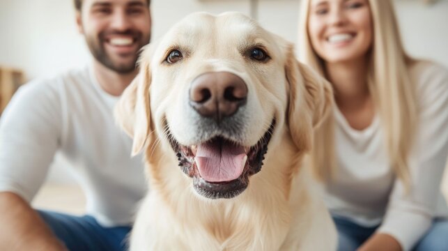 Delighted family takes a laughter filled selfie with their beloved dog in the comfort of their bright modern home capturing a genuine spontaneous moment of happiness and affection
