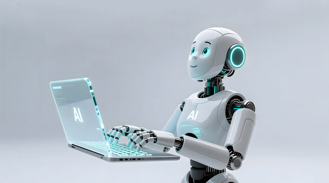 AI Next-Gen Computing, an adorable, futuristic AI robot typing on a holographic laptop, symbolizing advanced data processing and transparent technology.