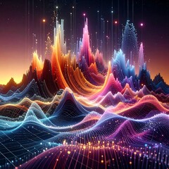 Colorful, abstract landscape with peaks and flowing lines, glowing with various hues