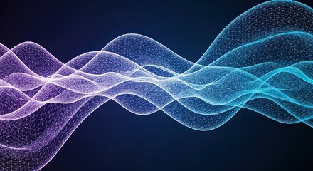 Abstract visualization of glowing purple and blue sound waves or data streams flowing across a dark background