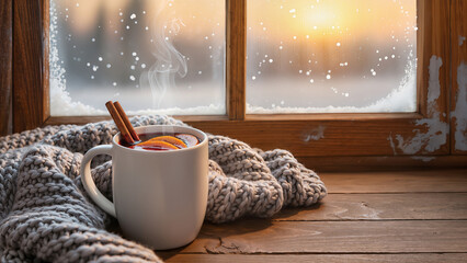 A steaming mug of mulled wine with cinnamon sticks and orange slices, warm golden light, cozy winter cabin setting, snow falling outside frosted windows, knitted blanket nearby.