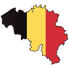 The accurate outline map of Belgium. The map is filled with the Belgian tricolor flag, featuring three vertical stripes: black on the left, yellow in the middle, and red on the right.
