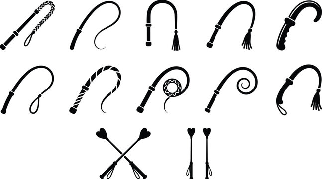 Silhouette set of whip and riding crop icons featuring various handle styles, tassel ends, and heart-shaped equestrian accessories