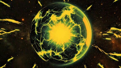 Neon glowing particle 3d sphere seamless motion. Yellow and green neon energy orb. Future technology, neural networks, artificial intelligence background. Virtual assistant concept. Vibrant 3d sphere