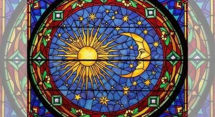 Vibrant Stained Glass Art Depicting Sun Moon and Stars