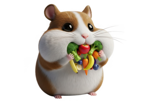 Cute hamster with full cheeks of fruit and vegetables isolated on transparent background for healthy eating and kids content - Powered by Adobe