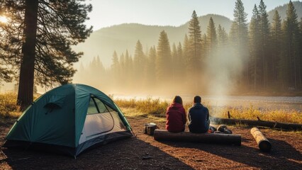 Misty morning camping adventure with a beautiful view