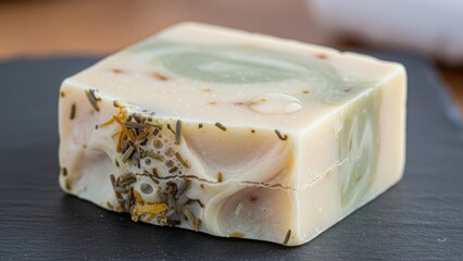 Artisanal botanical soap bar featuring a refreshing swirl design