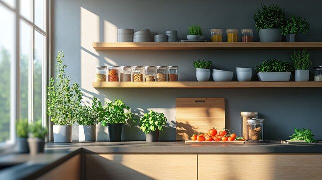 Stylish modern kitchen interior with wooden open shelves displaying an array of fresh herbs spices vegetables and other cooking ingredients The minimalist design features a bright - Powered by Adobe