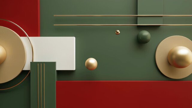 A gold ball is on a green background. There are other gold balls in the background. Ultra minimal flat christmas red green white gold editorial branding background