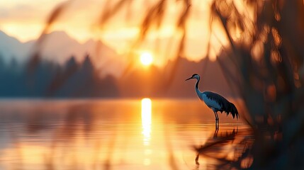 Obraz premium A crane stands in shallow water, silhouetted against a vibrant sunset over a lake, with mountains in the background.