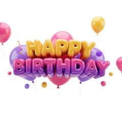 Colorful 3D happy birthday text with balloons and candle decoration