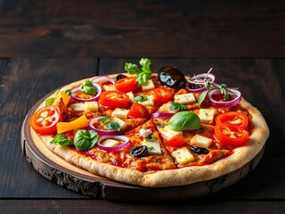 A variety of colorful fresh pizza toppings arranged artfully on a rustic wooden board, ready for a delicious meal, gourmet food, basil