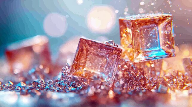 Close-up of floating crystals with a bokeh background, showcasing light and sparkle. - Powered by Adobe