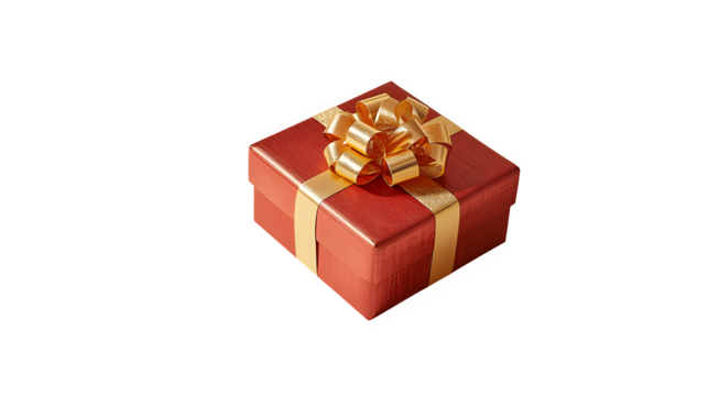 Vibrant Red Square Gift Box with Gold Bow Isolated on White