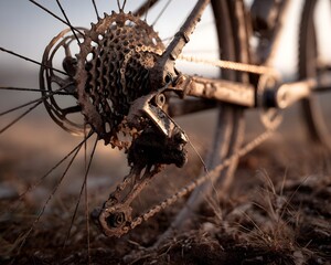 Rear bicycle cassette, chain, and derailleur covered in dry mud, showing the intensity and challenge of off-road cycling, mountain biking, and adventurous journeys through rugged terrain