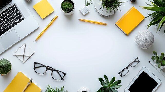 Overhead view of a modern minimalist workspace with various technology gadgets stationery and decor elements arranged in a neat and organized manner on a wooden desk