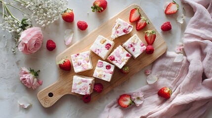 Delicious berry nougat squares with fresh strawberries, raspberries, and delicate pink roses, celebrating sweet treats, dessert, and confectionery pleasures