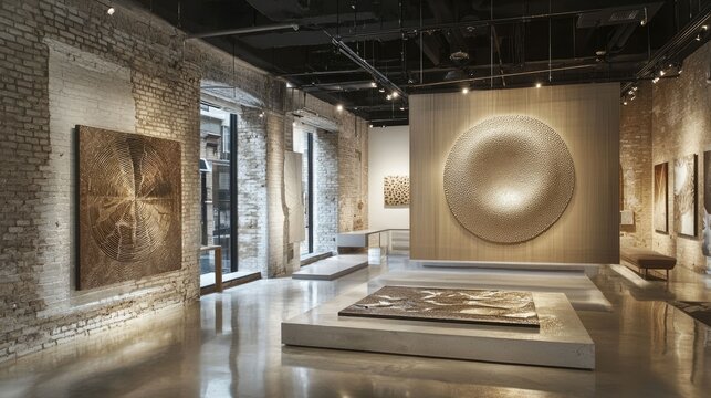 Captivating contemporary art gallery interior featuring warm lighting minimalist sculptural installations and a refined elegant atmosphere designed to showcase cutting edge