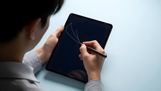 Overhead view of a person using a stylus on a digital tablet.