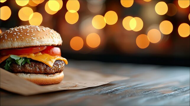 Close-up of a tasty burger with sesame seed bun, tomato, cheese, and lettuce, on a piece of paper, with blurred bokeh lights in the background.