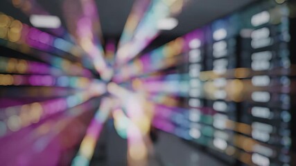 high-tech server room with rows of racks and glowing blue and purple lights. Data center infrastructure, network connectivity, and advanced computing in a secure, modern facility. Technology