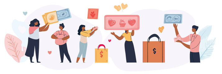 Diverse people donating money and gifts to charity with donation boxes and hearts in minimalist flat vector illustration for online crowdfunding and financial support concept