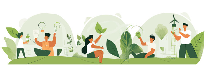 Fototapeta premium People planting trees and watering plants promoting sustainable environment and renewable energy with green leaves wind turbines in flat minimalist vector design