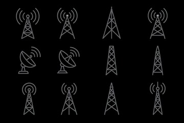 Vector icons set of radio towers and satellite dishes for telecom and broadcasting illustrations