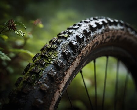 Mountain bike tire covered in mud and moss, glistening with rain drops, illustrating rugged off-road adventure, outdoor sports, and challenging wet conditions in a natural forest environment