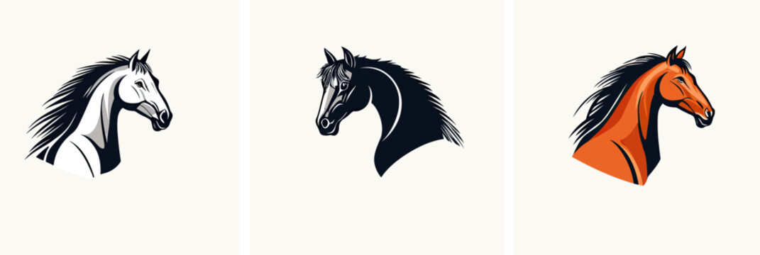 Set of three minimalist horse head logo designs with flowing mane in black and orange vector style for branding and equestrian themes