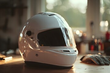 White racing helmet and driving gloves on a wooden workbench, evoking motorsport preparation, protection and the focused anticipation of race day in the garage or pit lane